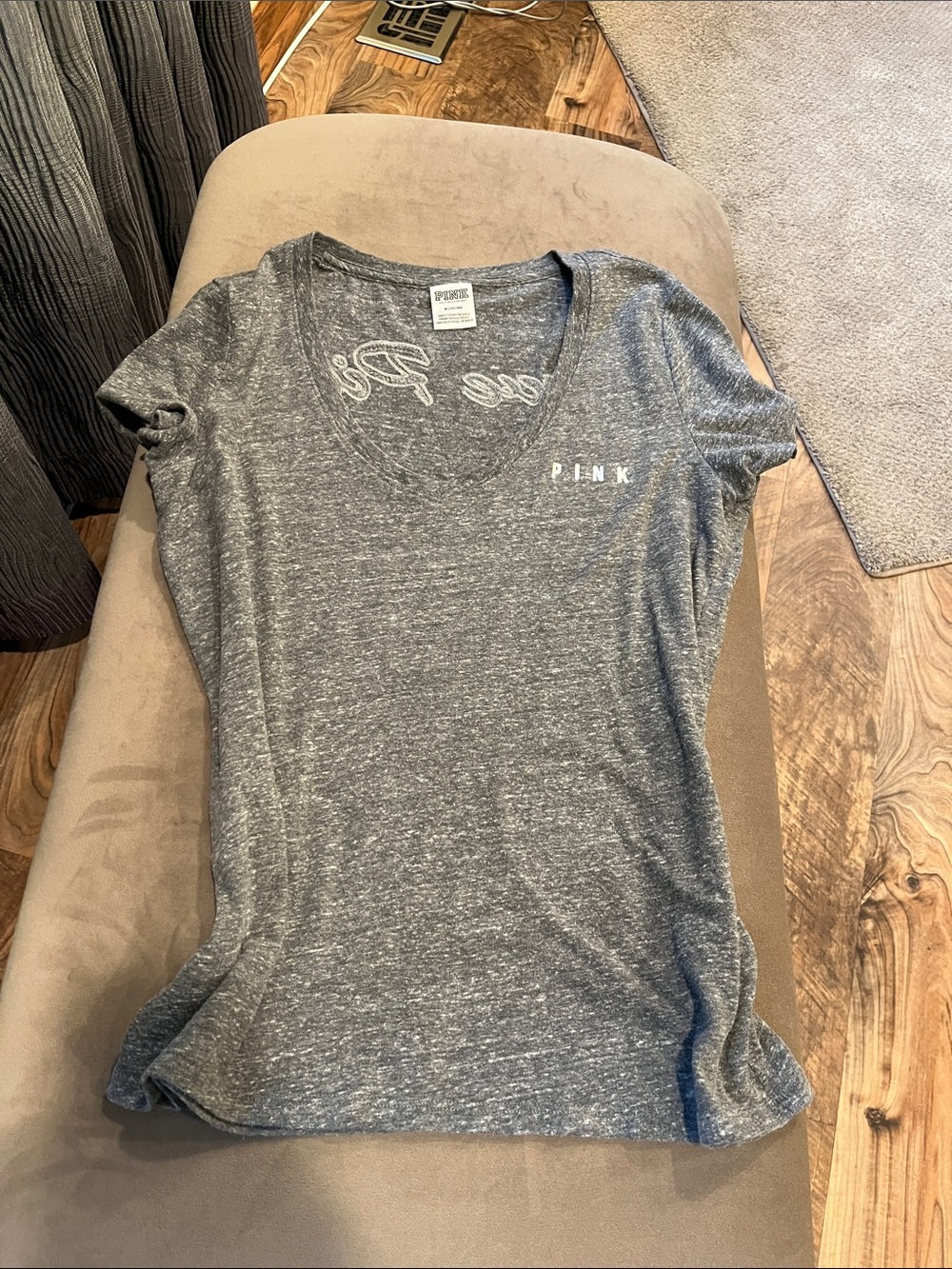 PINK Victoria's Secret Gray Heather Love Pink Neck Tee